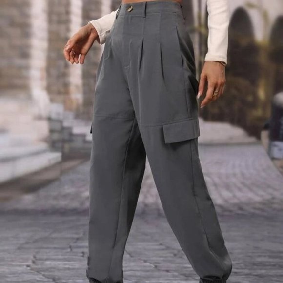 casual Flap detail button elastic Hem carrot Pants Gray - Picture 4 of 6